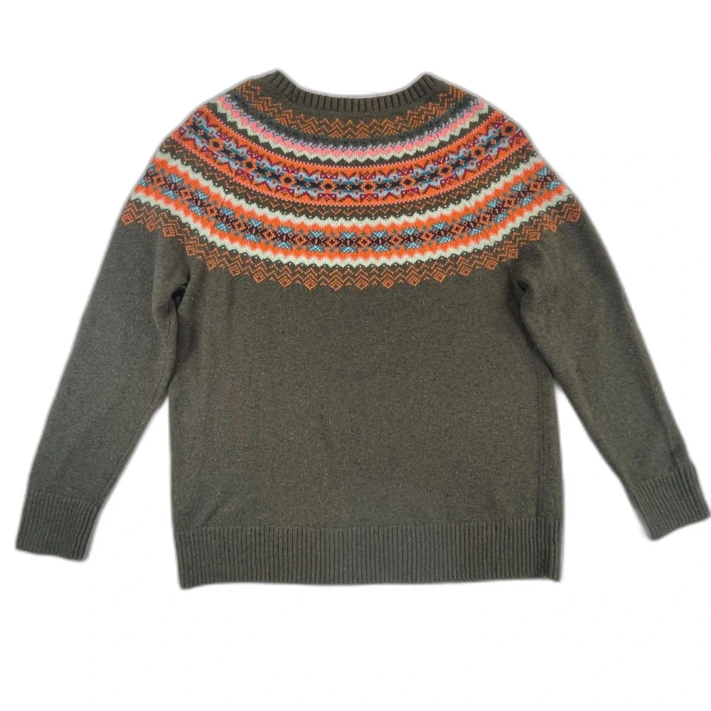 Talbots Fair Isle Knit Circular Yoke Sweater M Olive Orange Crewneck Cabin Fall